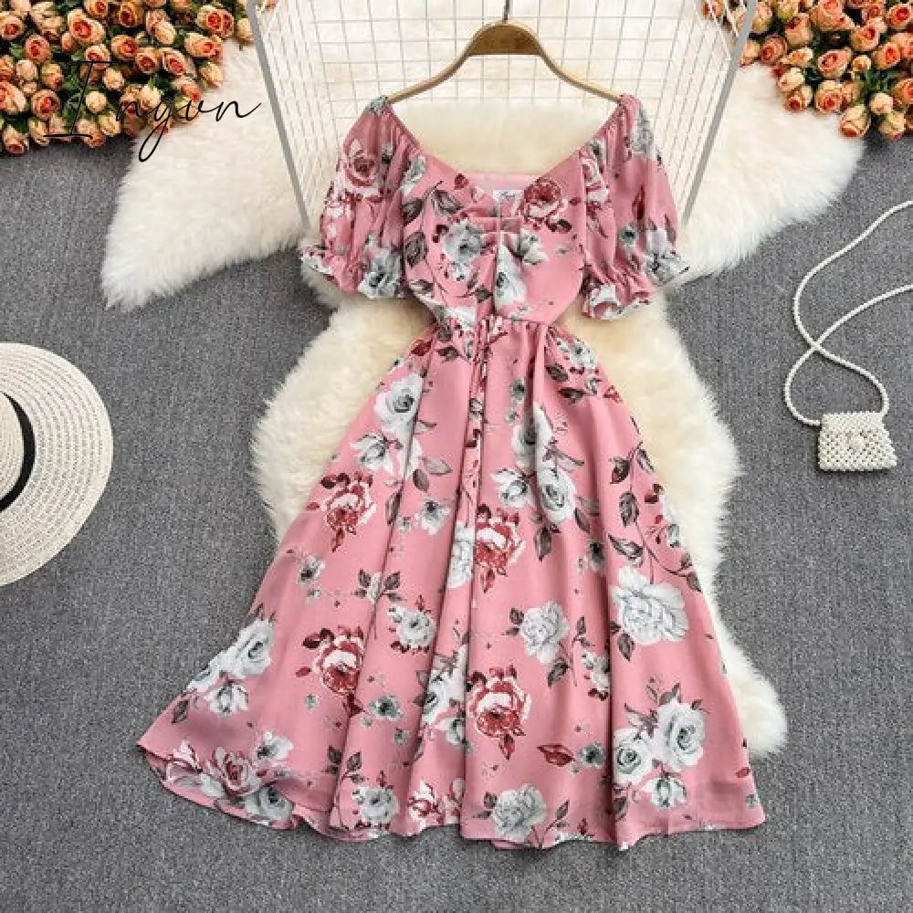 Ingvn - Summer Outfits Ladies French Retro V-neck Floral Women Dress Elegant Draped Flowers Short Puff Sleeves Slim Fairy Mid-calf A-line Dress