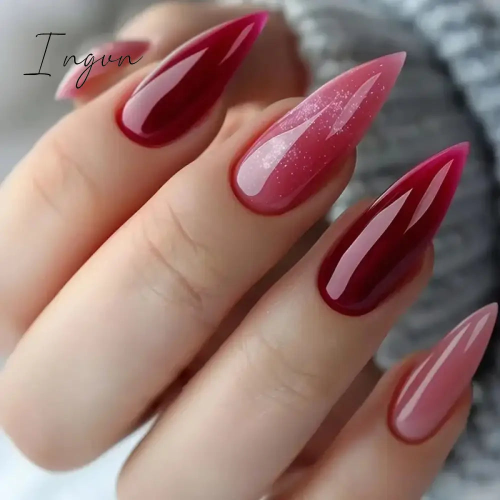 24Pcs False Nails With Glue Almond Pink Butterfly Design Detachable Rhinestones Acrylic Fake Nails long stiletto Press On Nails