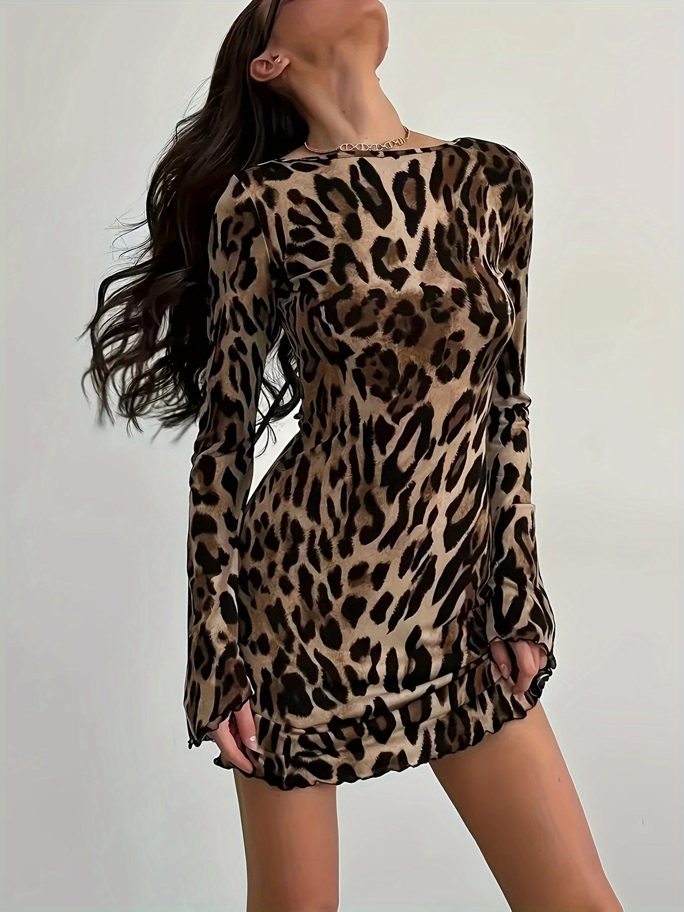 1pc Leopard Print Backless Tie-Back Dress, Polyester Knit Fabric, Crew Neck, Fitted Long Sleeve for All Seasons, Adult Women