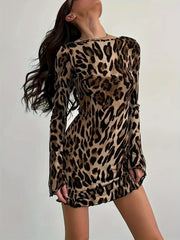 1pc Leopard Print Backless Tie-Back Dress, Polyester Knit Fabric, Crew Neck, Fitted Long Sleeve for All Seasons, Adult Women