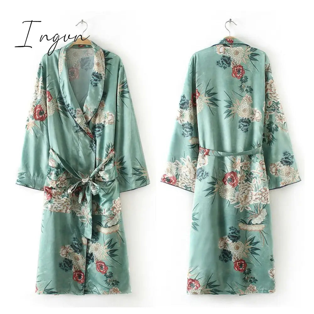 Ingvn - Chiffon Loose Shawl Kimono Long Blouse For Women Full Sleeve Floral Boho Shirts Top Ladies Girls Flower Cardigans Blusa Clothing