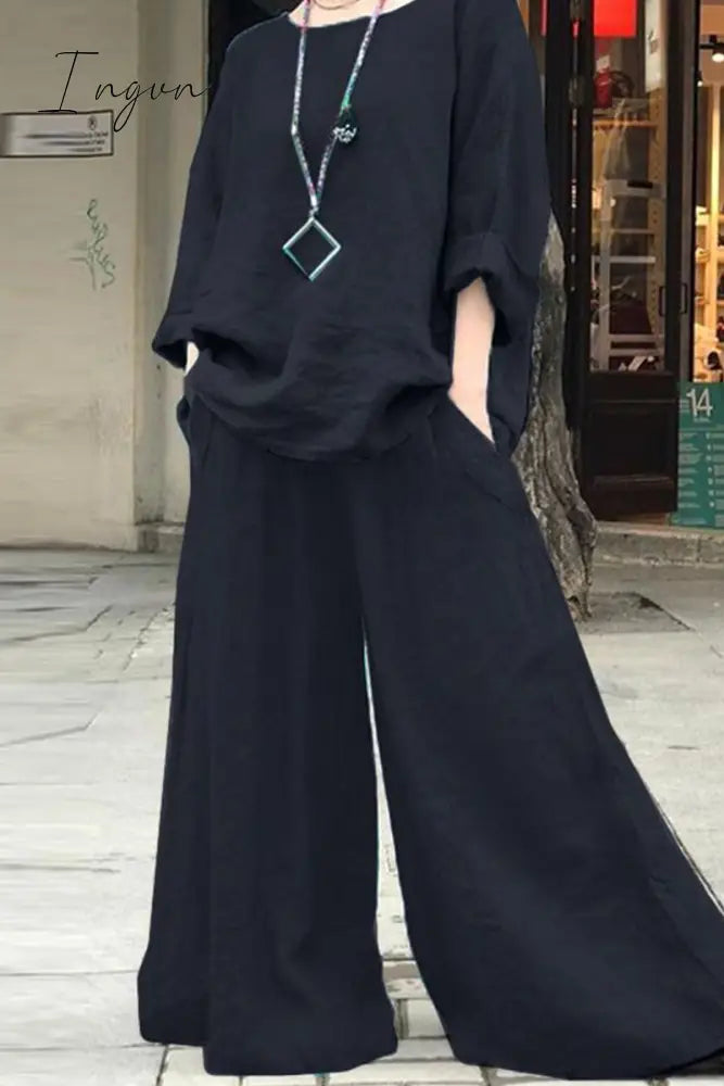 Ingvn - Casual Simplicity Solid Pocket O Neck Long Sleeve Two Pieces