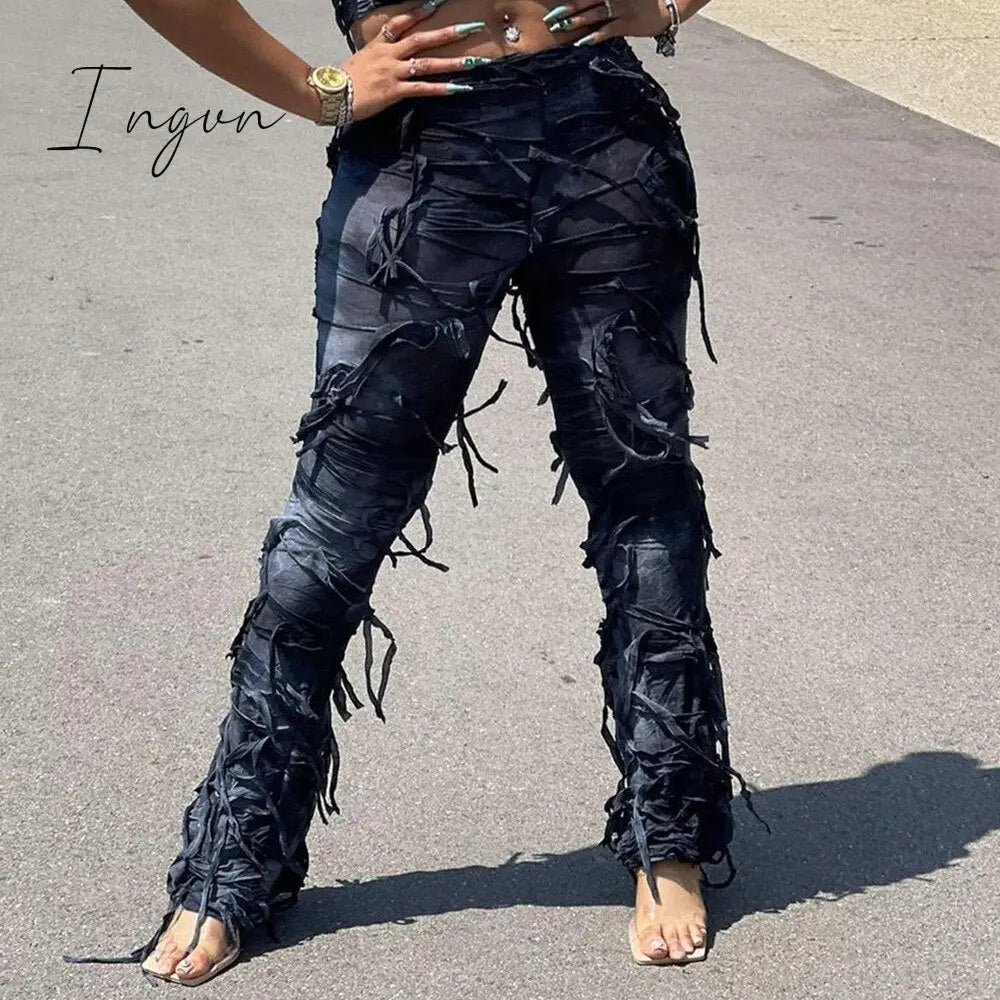 Ingvn - Perl Tassel Stretch Straigh Pants for Women Tie Dye Printed Bodycon Trousers Fashion Capris 2023