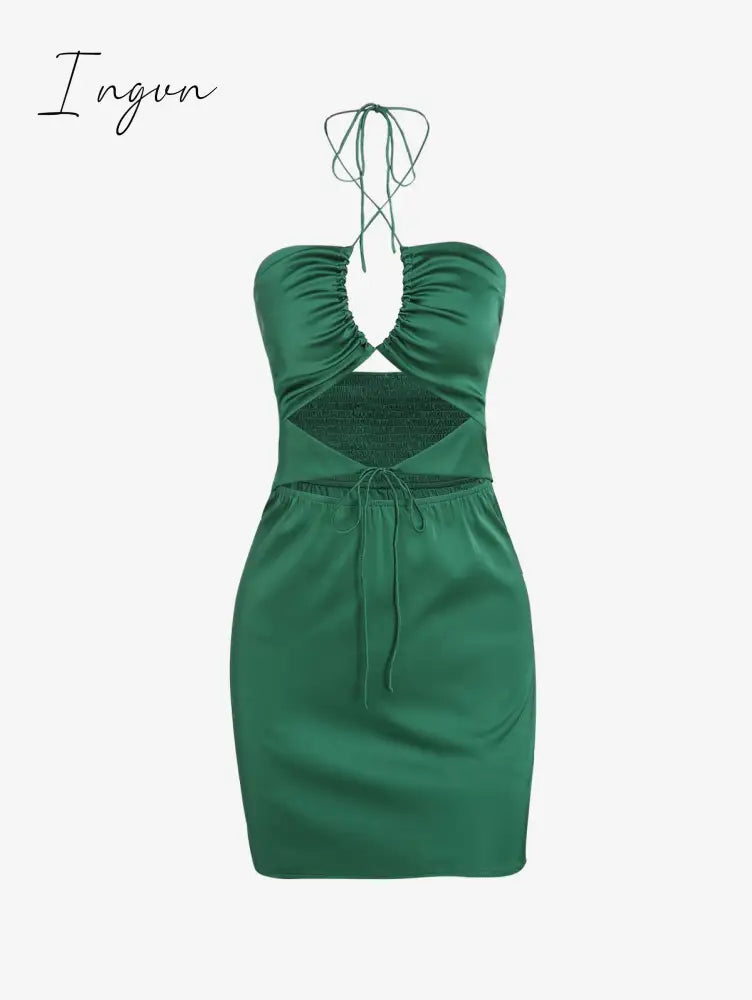 Ingvn - Women's Sexy Satin Dress Spaghetti Strap Slips Nightwear Side Slit Cocktail Party Silk Mini Dresses