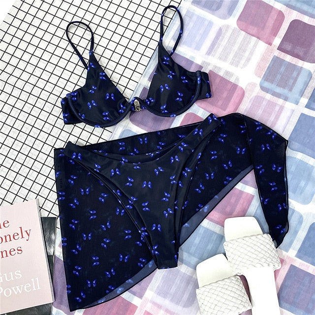 New Sexy Marble Print Push Up bikini Women Swimsuit Female Swimwear 3-piece Bikini set V-Bar Wired Short Skirt Bathing suit Swim