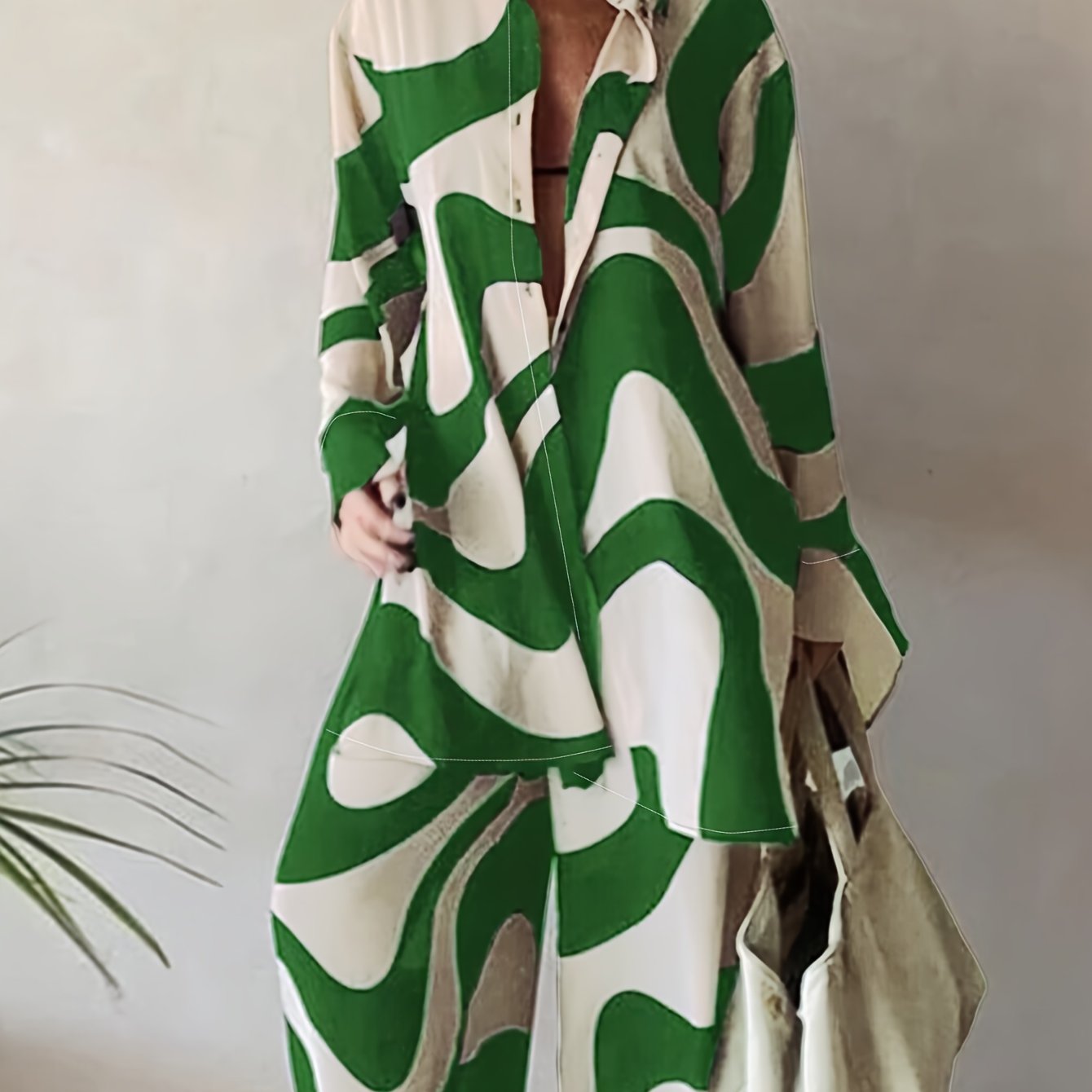 Plus Size Casual Outfits Two Piece Set, Women's Plus Abstract Stripe Print Button Up Long Sleeve Lapel Collar Shirt Top & High Rise Wide Leg Pant Outfits Two Piece Set