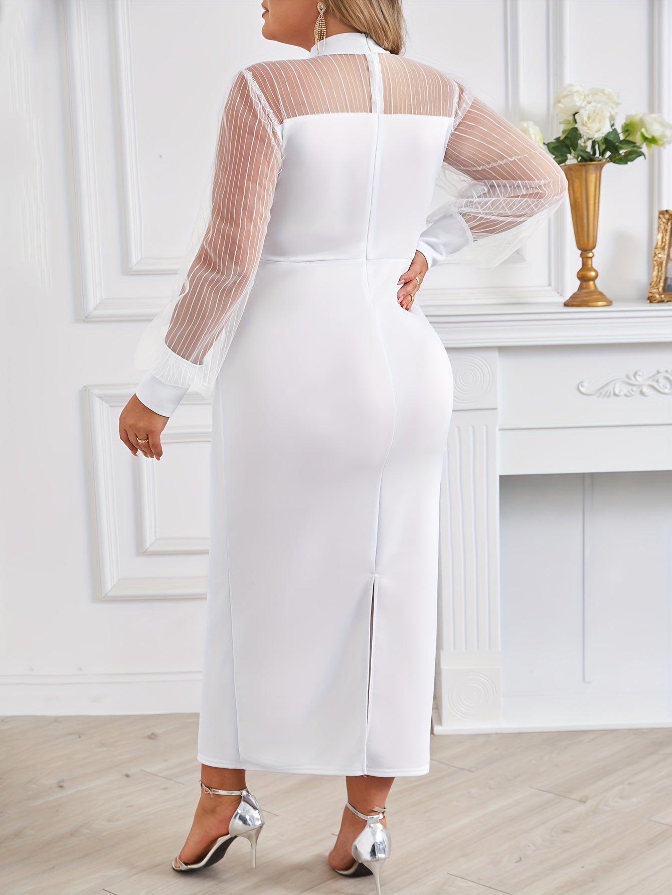 Women's Elegant Dress, Plus Size Contrast Mesh Lantern Sleeve Mock Neck Split Back Maxi Formal Dress Wedding/Evening dress/Occasion/Engagement/Ceremony