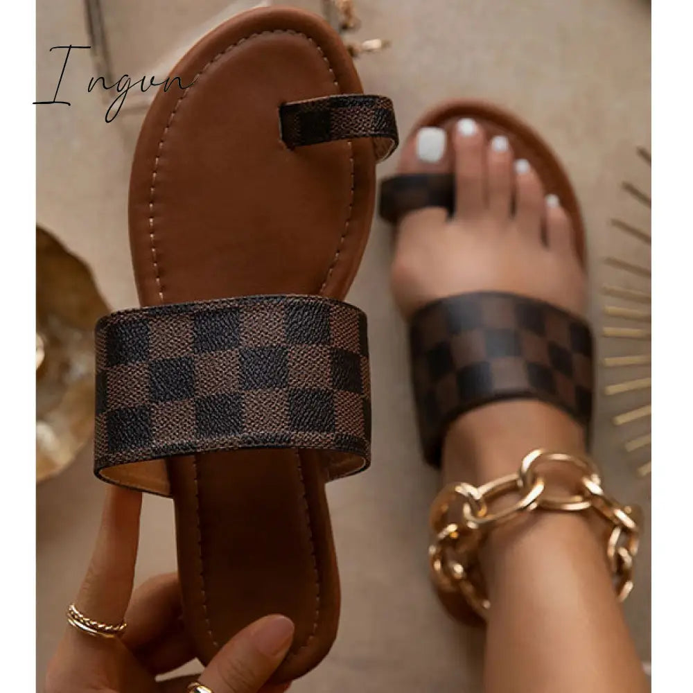 Ingvn - Plaid Toe Loop Slip-On Open Rounded Toe Slippers