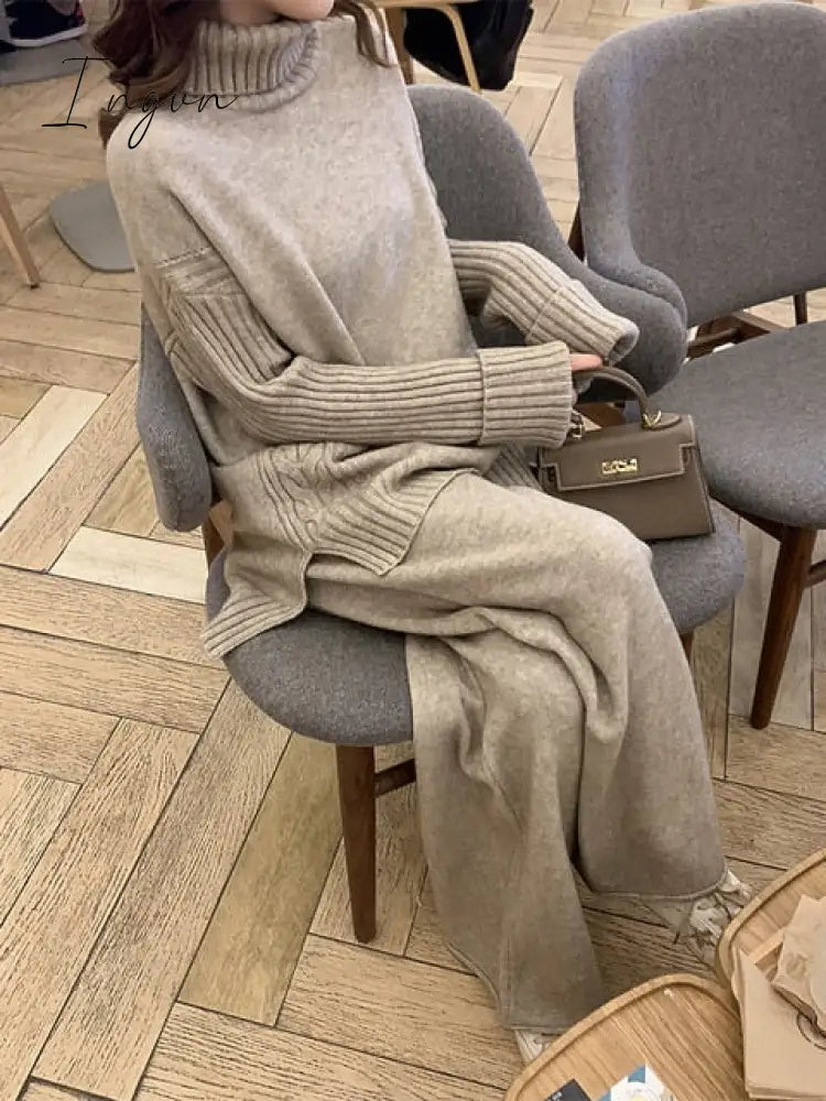 Ingvn - sweater set women tracksuit spring autumn knitted suits 2 piece set warm turtleneck sweater pullovers wide legs pants