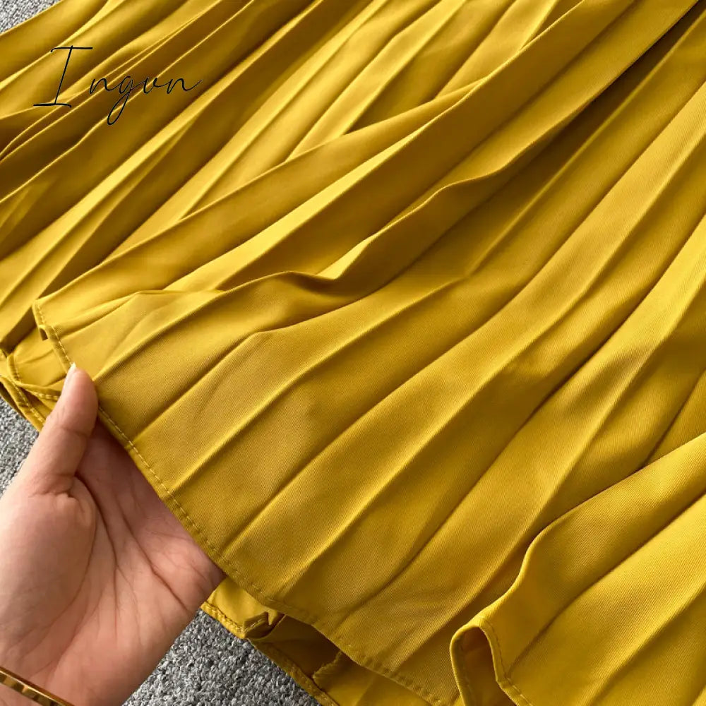 Ingvn - Vintage Women Pleated Long Dress Female Elegant Lantern Long Sleeve High Waist Red/Purple Draped Maxi Vestidos Spring Autumn New