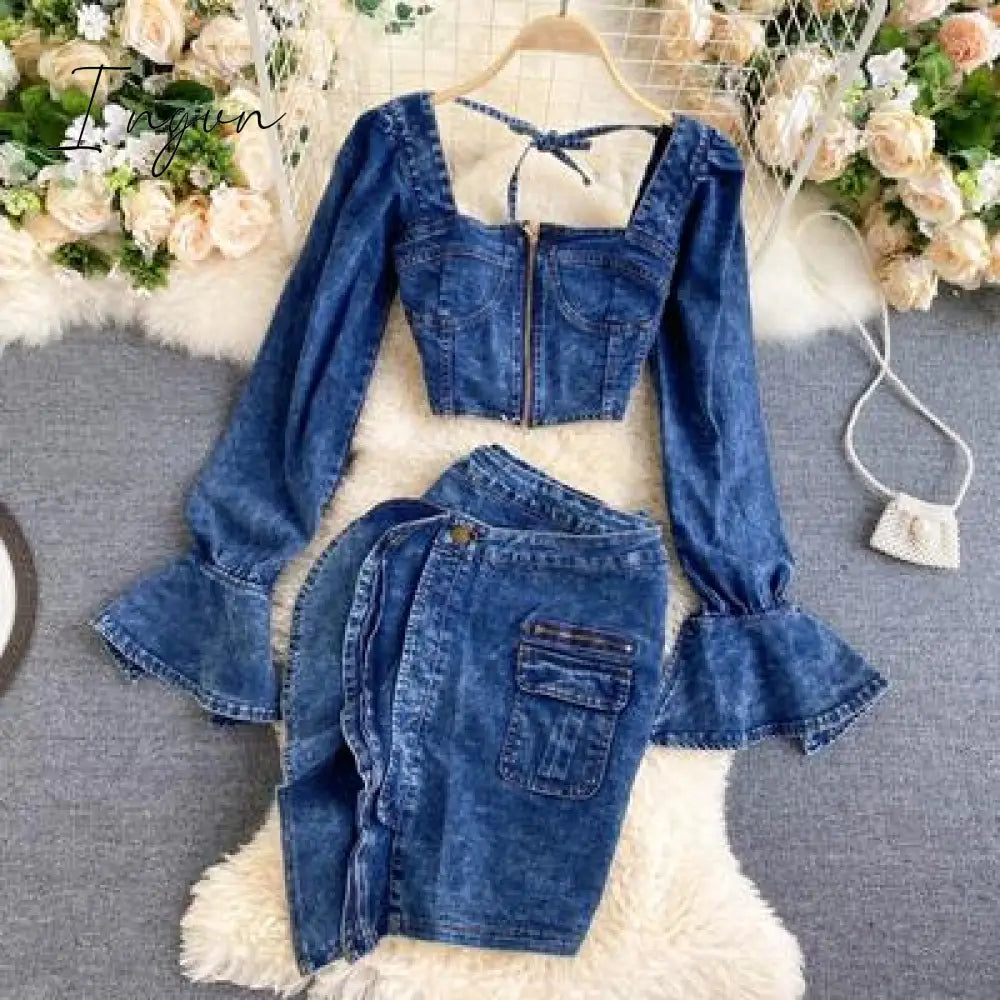 Ingvn - Trends high quality Spring Autumn Two Piece Set  Women Sexy Jeans 2 Two Piece Set Long Sleeve Crop Tops And Bodycon Short Denim Skirt Suits for Woman