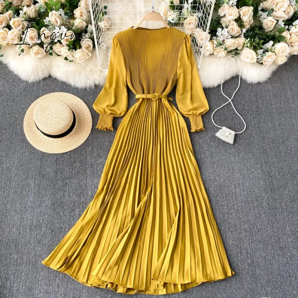 Ingvn - Autumn Fashion Streetwear Long Dress Design French Pleated Maxi Dress Women Elegant O Neck Long Sleeve A-line Dress