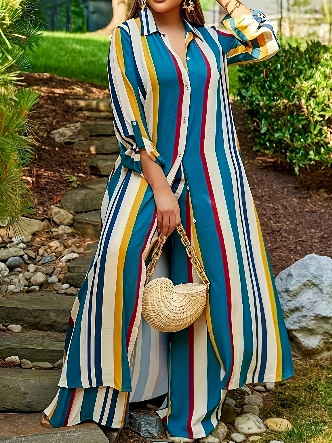 Plus Size Fashionable Outfits Set, Women's Plus Striped Long Sleeve Button Up Shirt & Wide Leg Pants Outfits Two Piece Set