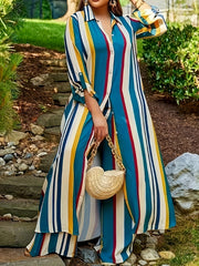 Plus Size Fashionable Outfits Set, Women's Plus Striped Long Sleeve Button Up Shirt & Wide Leg Pants Outfits Two Piece Set