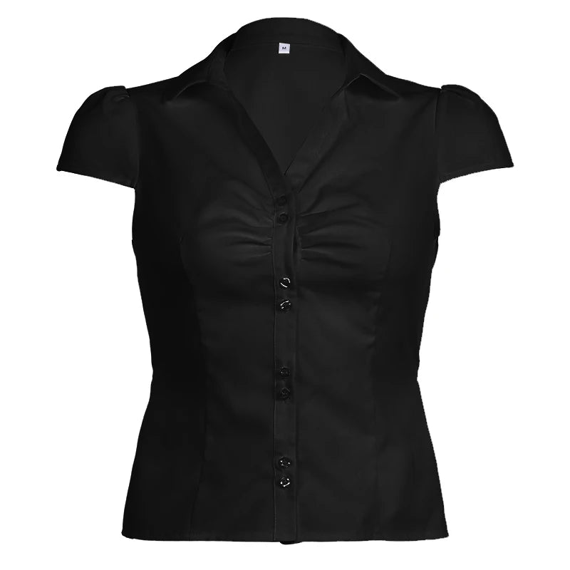 Vintage Folds Crop Top White Button Up Short Sleeve Blouse Women Bandage Korean Fashion T-shirt Casual Streetwear y2k Tee