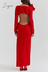 Ingvn - Sexy Solid Hollowed Out Slit With Bow O Neck Long Dress Dresses