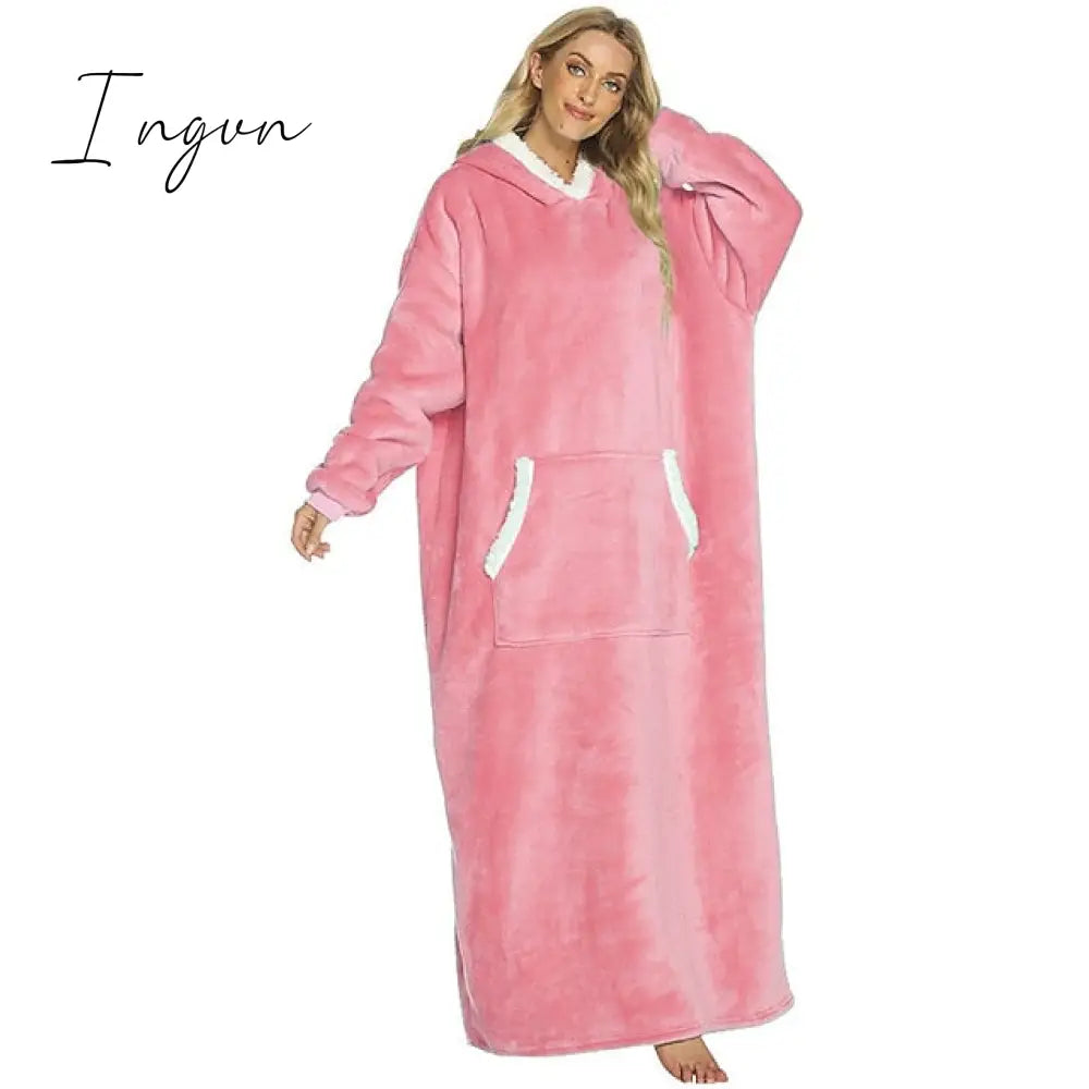Ingvn - Women's Pajamas Nightgown Wearable Blanket Hoodie Blanket Pure Color Warm Comfort Oversized Home Daily Bed Fleece Hoodie Long Sleeve Hoodie Winter Fall Lake blue Deep Pink