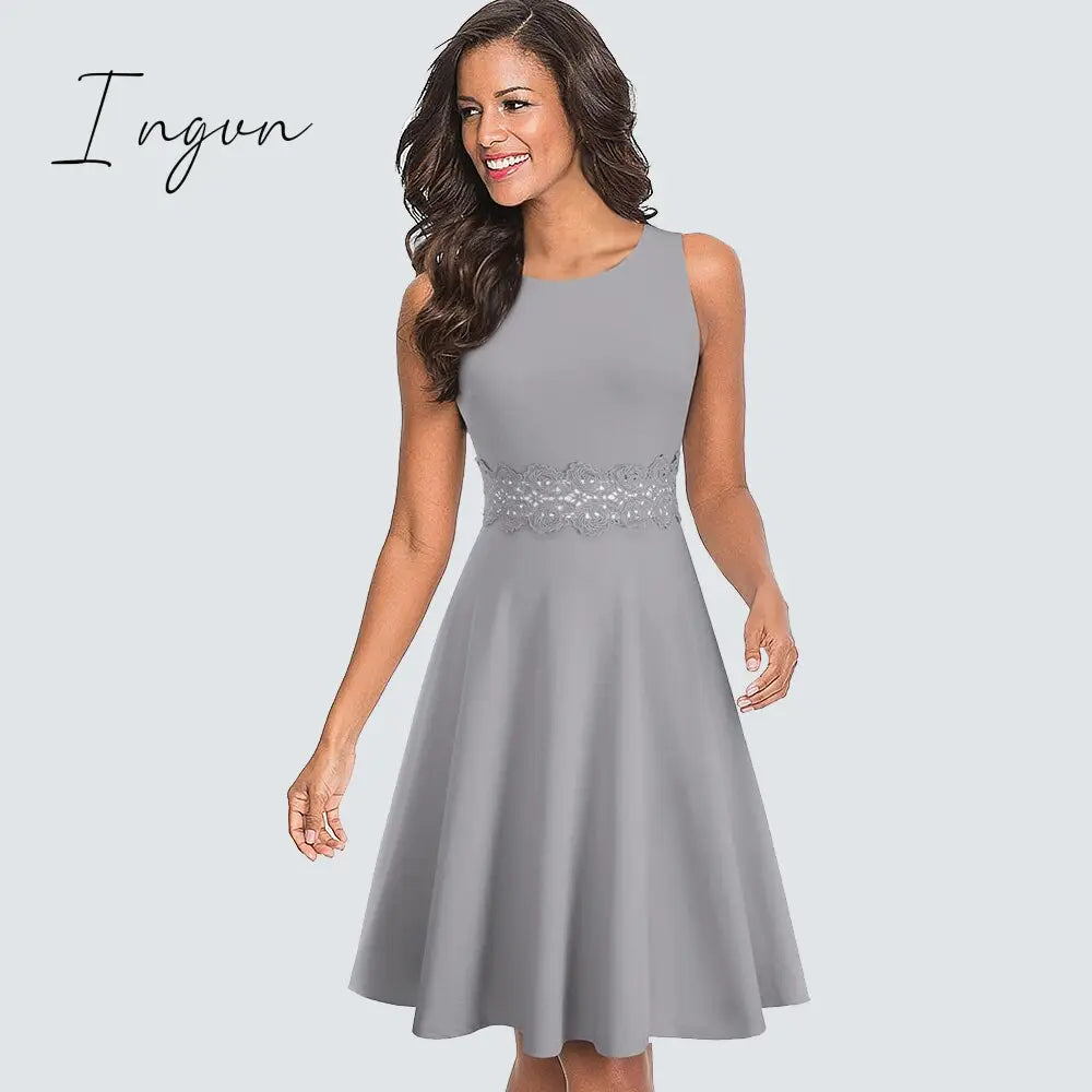 Ingvn - Women Vintage Casual Round Neck A line Summer Elegant Floral Lace Patchwork Sleeveless Tunic Party Swing Dress HA079