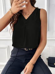 Solid V-neck Button Decor Top, Elegant Sleeveless Top For Summer, Women's Clothing