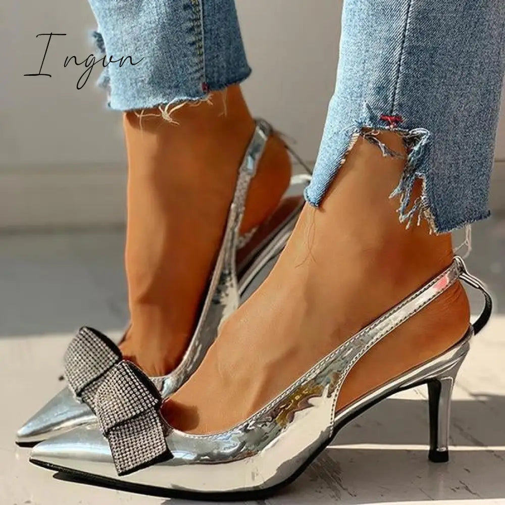 Ingvn - Pointed Toe Studded Bowknot Slingback Thin Heels