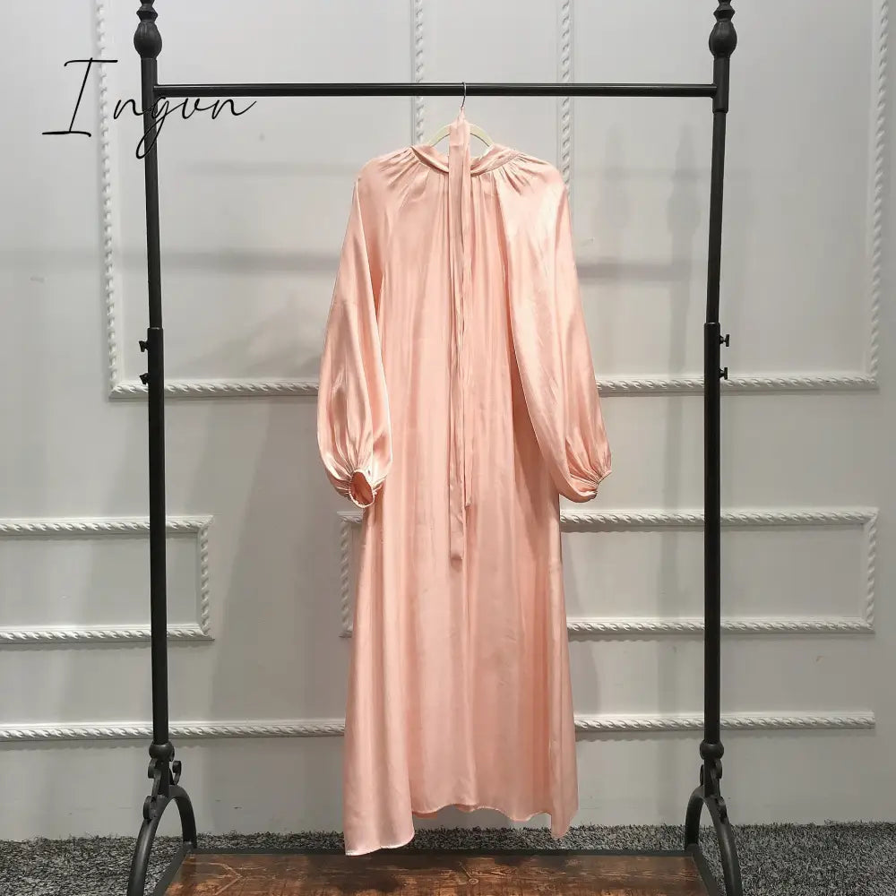 Ingvn - New Morocco Long Dress Muslim Women Flowers Printed Silky Long Abayas Robes Fancy Maxi Dress French Stylish Islamic Dress Belt