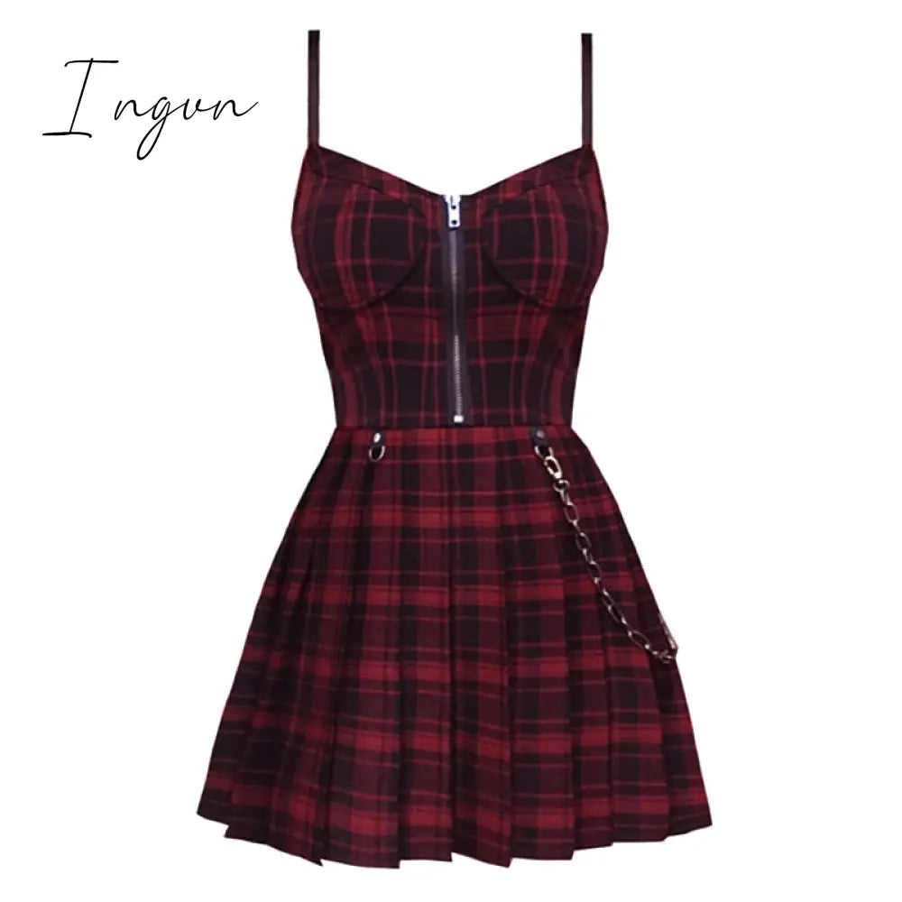 Ingvn - Gothic Girls Plaid Pleated Punk Dress Preppy Style Red Black Spaghetti Strap Sexy Sleeveless Mini Short Dresses Goth Streetwear