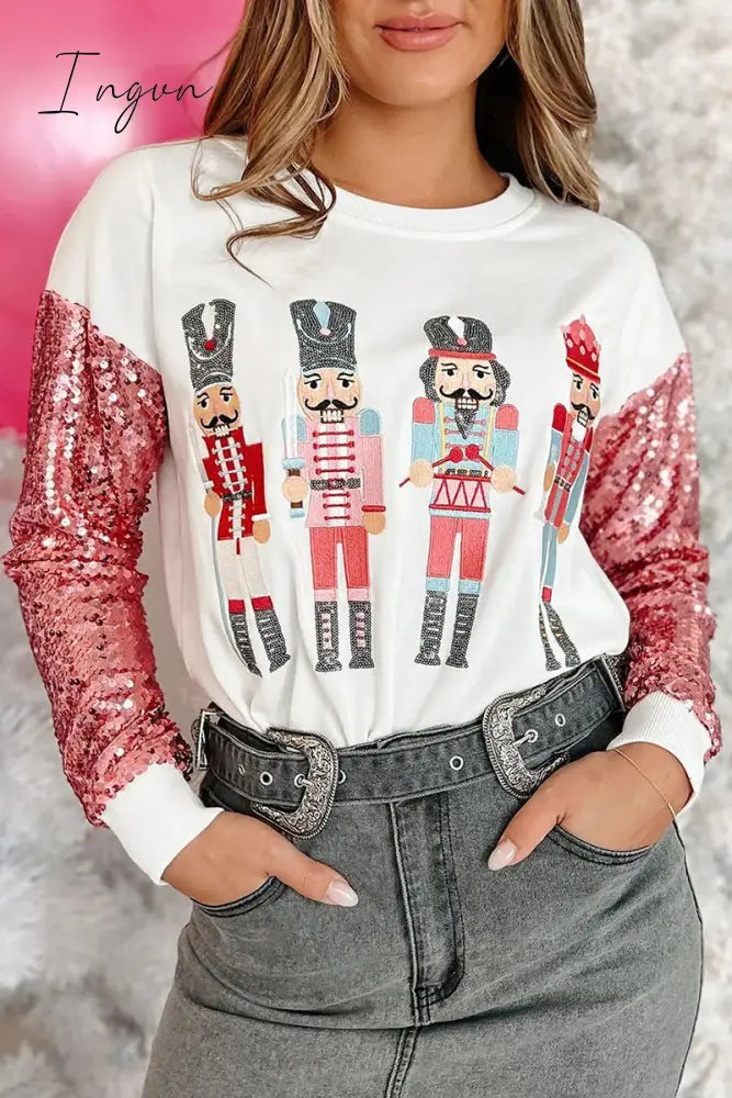Ingvn - Casual Print Sequins Patchwork O Neck Tops