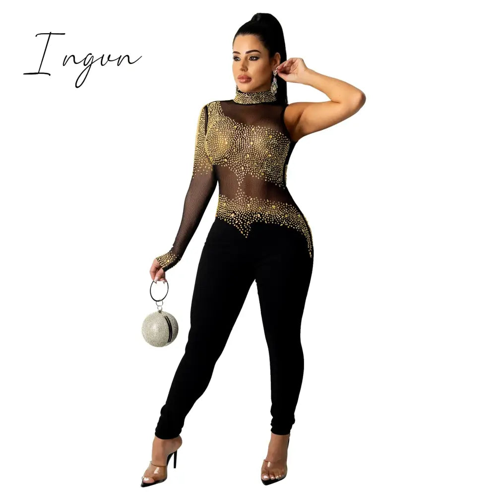 Ingvn - Sheer Mesh Diamonds Sequined Pearls High Split Long Dress For Women Straps Bodycon Long Vestidos Night Party Rhinestone Outfits