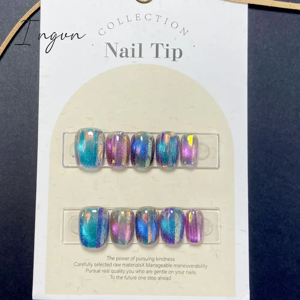 10Pcs Short Handmade Press on Nails Aurora Borealis Colours Ballet Wearable False Nails Decoration Full Cover Nail Tips Art