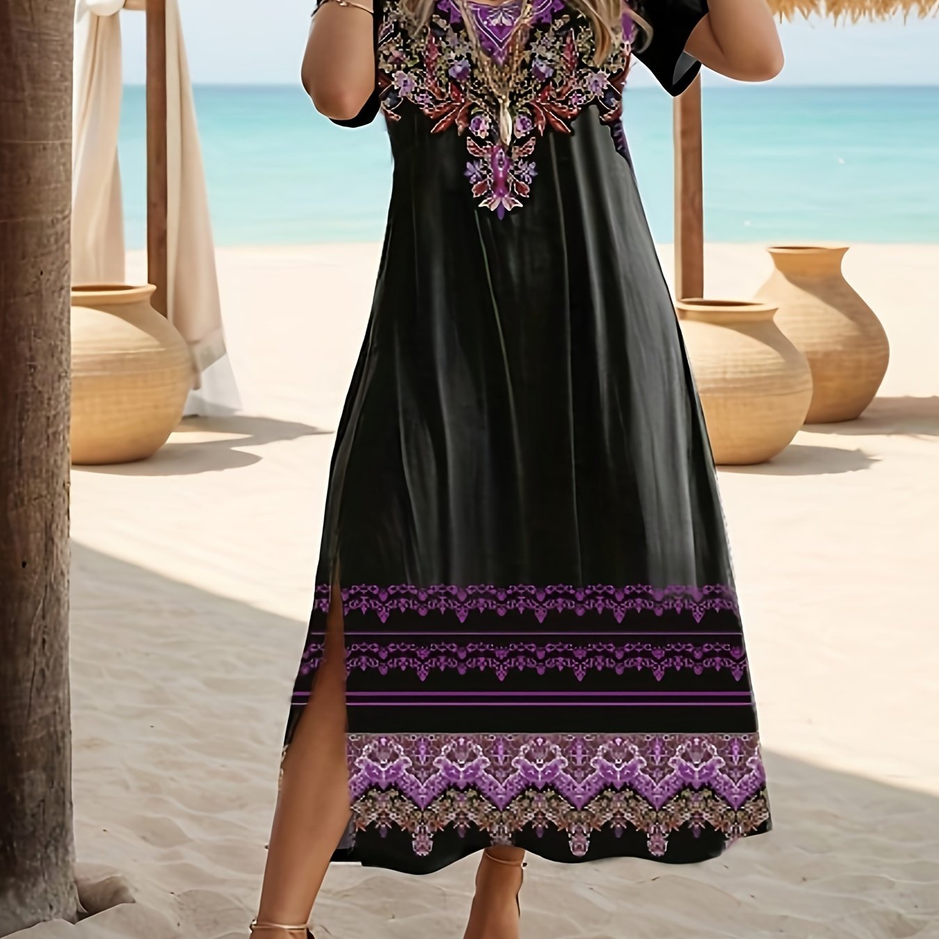 Plus Size Floral Print Vacation Dress with Stylish Slit - Lightweight Short Sleeve for Spring & Summer Getaways - Trendy Womens Plus Size Clothing