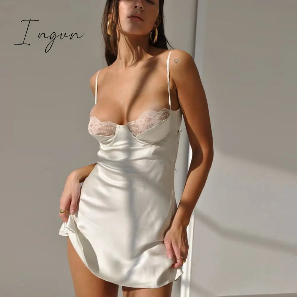 Ingvn - New Sexy White Lace Trim Satin Mini Dress For Women Solid Backless Maxi Sundress Female Party Bodycon Dresses Streetwears