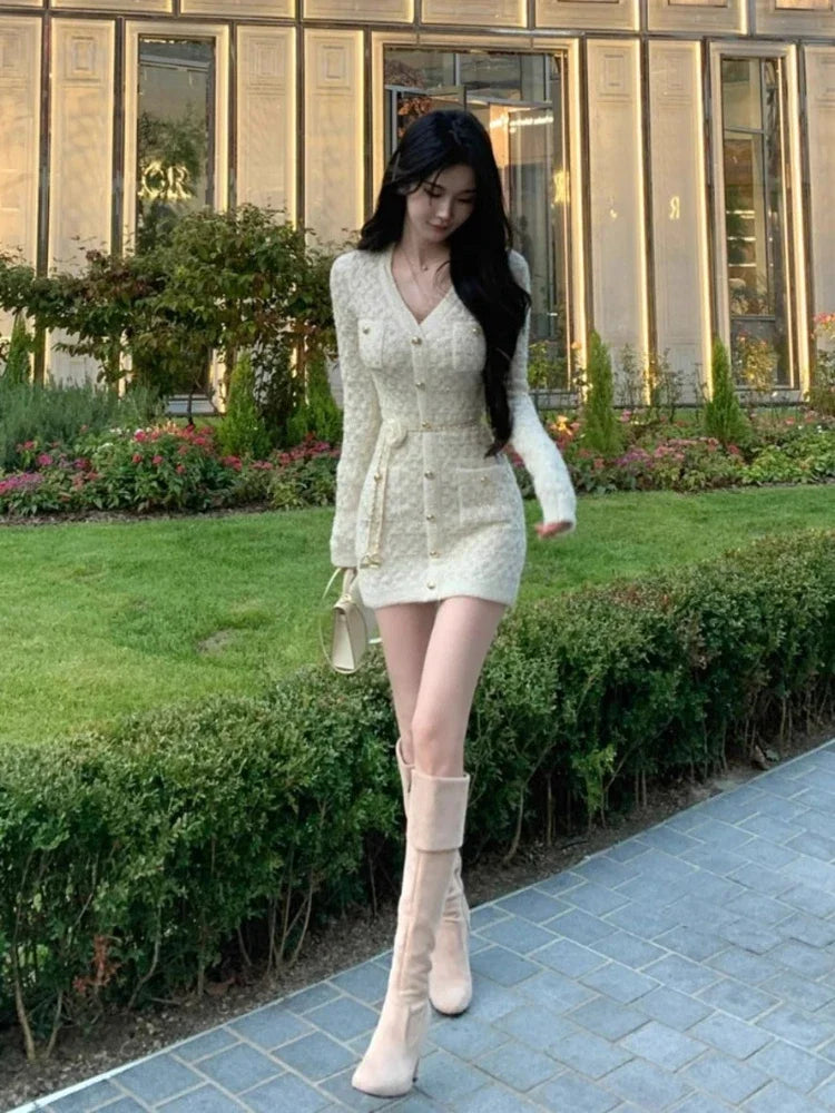 French Elegant Slim Knitted Dress Short Party One Piece Dress Korean Fashion Winter Sexy Bodycon Y2k Mini Dress Woman Chic