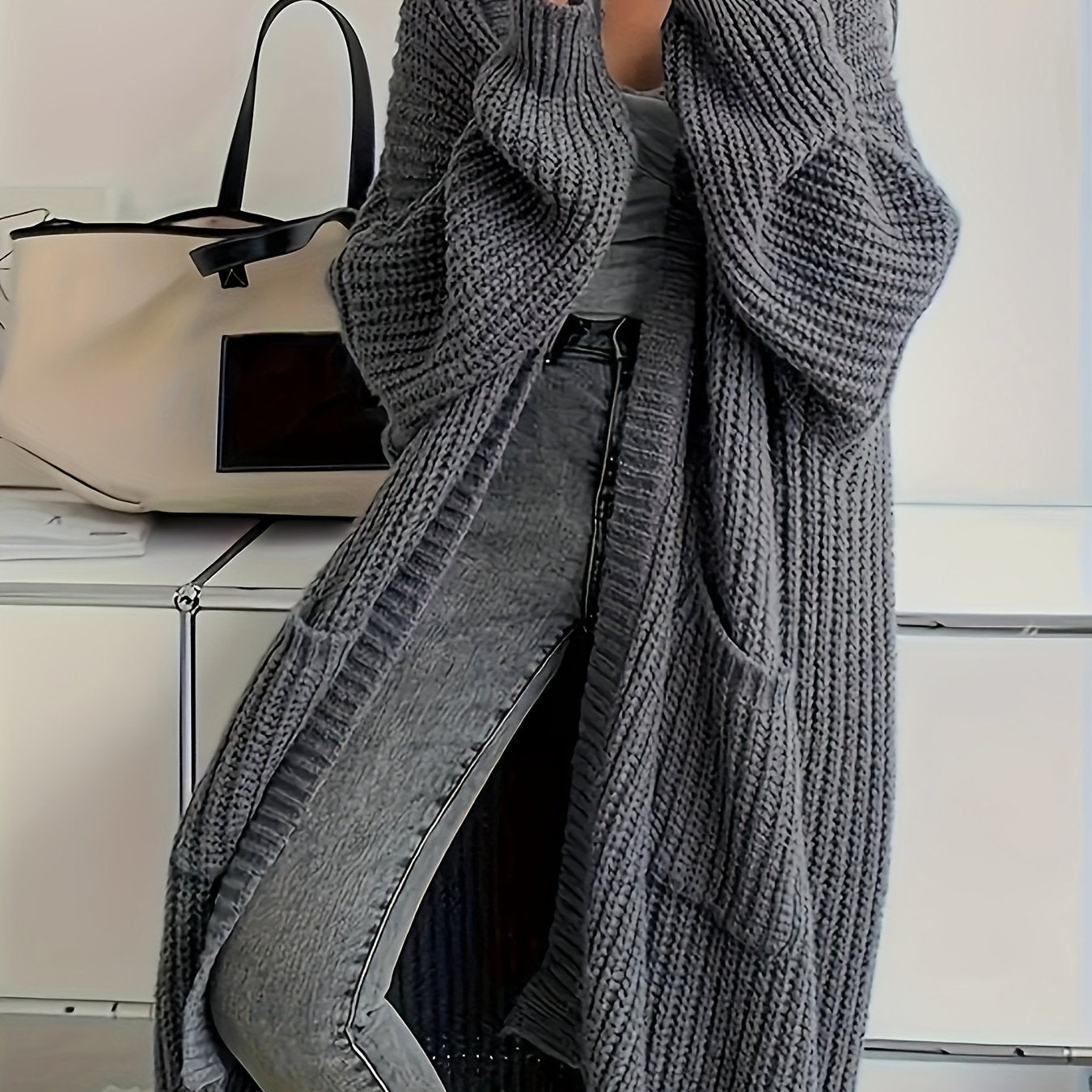 Plus Size Solid Color Knitted Open Front Cardigan, Long Sleeve Casual Pockets For Fall & Winter, Women's Clothing