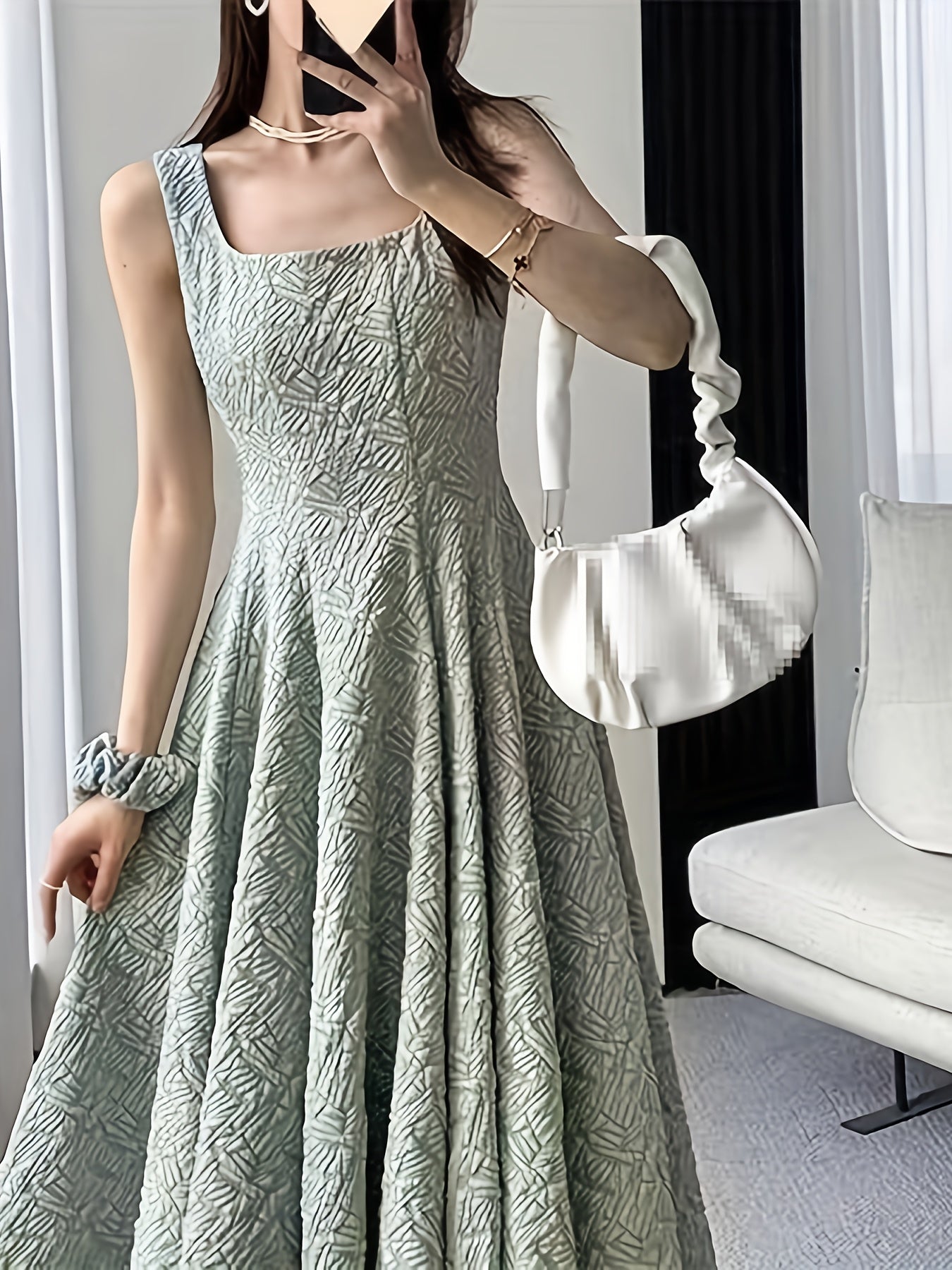Elegant Square Neck Polyester 1pc Dress - Flared A-Line Pendulum Solid Color Textured Weave Spring/Summer Dress for Women