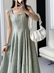 Elegant Square Neck Polyester 1pc Dress - Flared A-Line Pendulum Solid Color Textured Weave Spring/Summer Dress for Women
