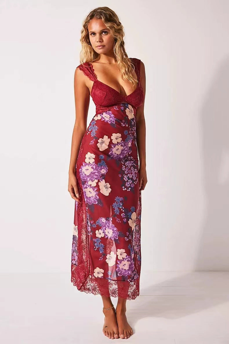 Summer New  Lace Backless Shoulder Strap Stitching Vented Color Long dress Women's Clothing