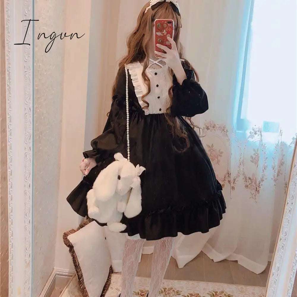 Ingvn - Japanese Gothic Lolita Dress Women Kawaii Bow Bear Lace Blue Dress Long Sleeve Princess Dress Halloween Costume Gift For Girls