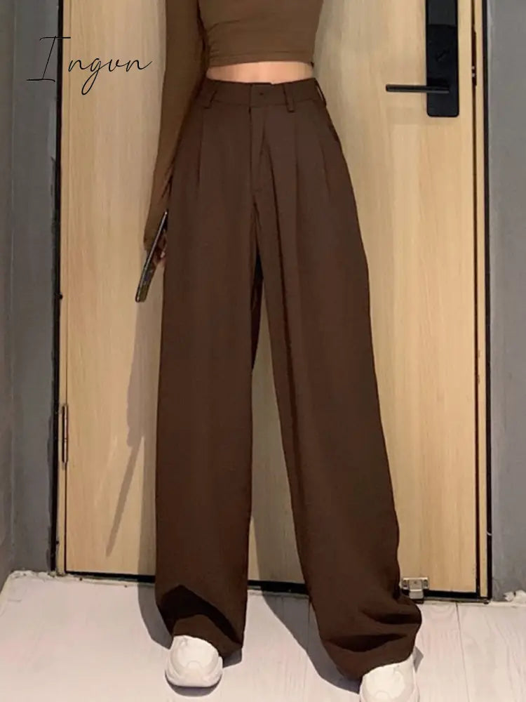 Ingvn - women Retro Solid Color Wild Straight Wide Leg Pants Female Spring New Korean Fashion High Waist Casual Long Pants