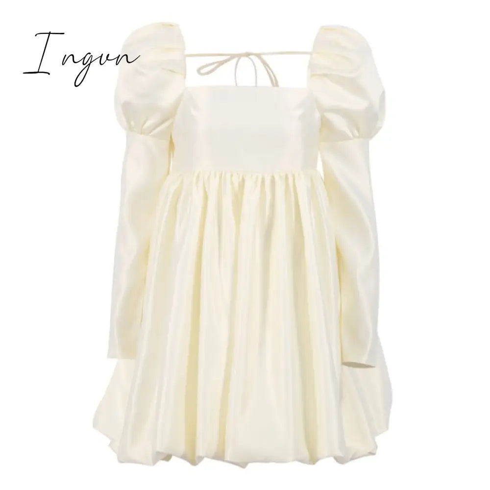 Ingvn - New Fashion Puff Sleeves Woman Party Dress Evening Chic Square Collar Ball Gown Dress Short Beige Satin Dresses Pleated Ladies