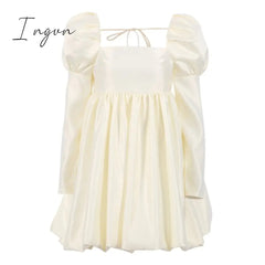 Ingvn - New Fashion Puff Sleeves Woman Party Dress Evening Chic Square Collar Ball Gown Dress Short Beige Satin Dresses Pleated Ladies