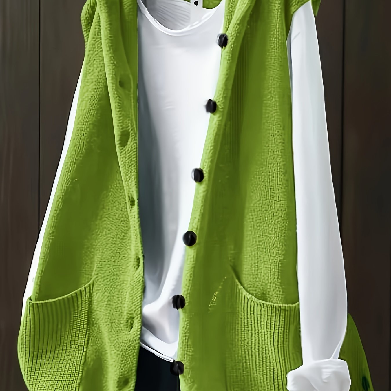 Women's Plus Size Solid Button Front Sleeveless Knitted Hooded Cardigan with Pockets, Casual Plus Size Clothing