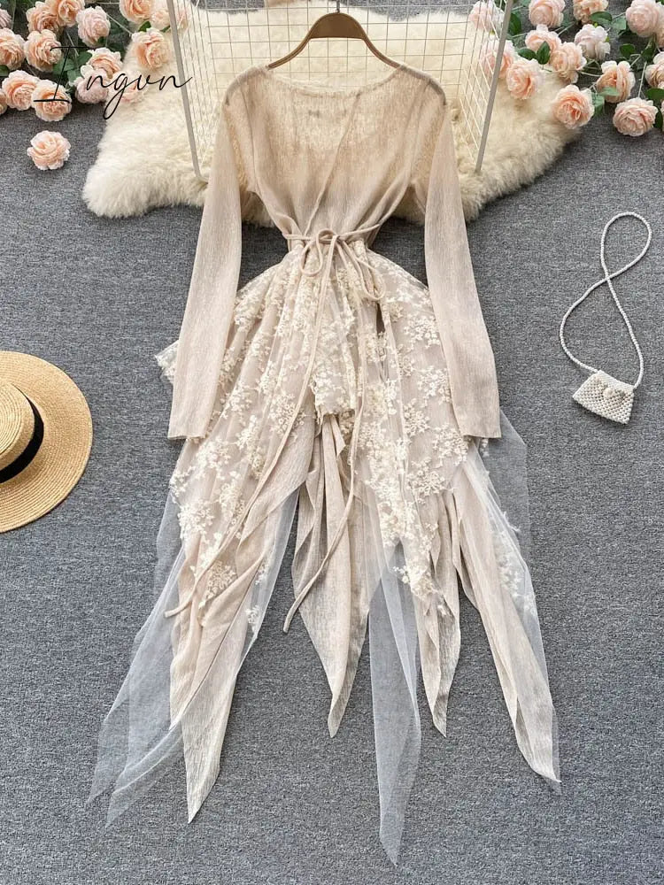 Ingvn - 2023 New Autumn Summer O-neck Lace Up Waist Closing Irregular Vestidos Women Temperament Elegan Party Dress Tide