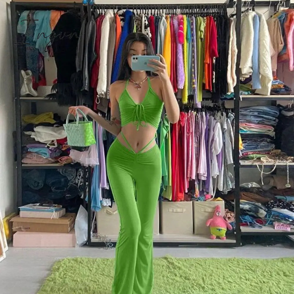Ingvn - Halter Criss-Cross Crop Top And Women's Drawstring Pants Matching Sets Skinny Hollow Out Sexy Two Piece Set For Women