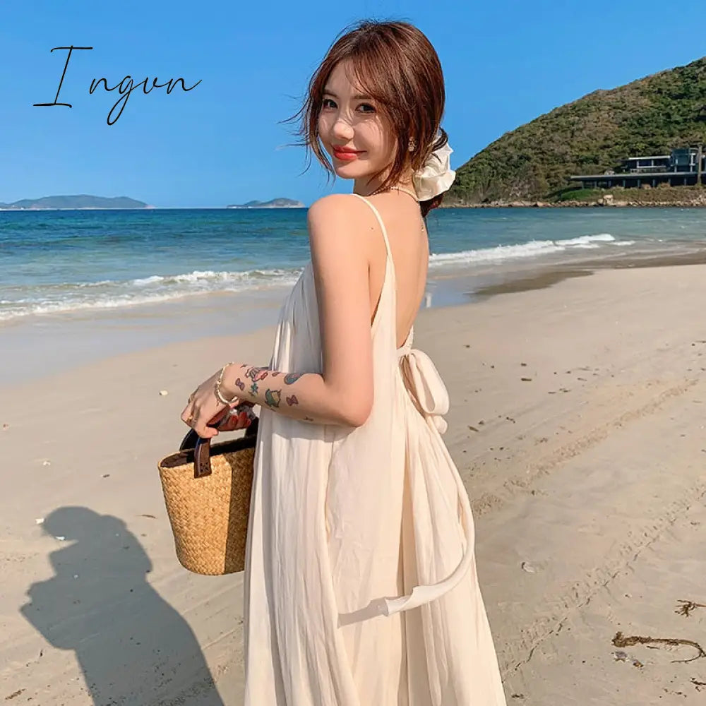Ingvn - Lace-Up Designer Backless Midi Beach Loose Dresses Korean 2023 New Fashion Strappy Clothing Long Casual Ladies Dress for Women