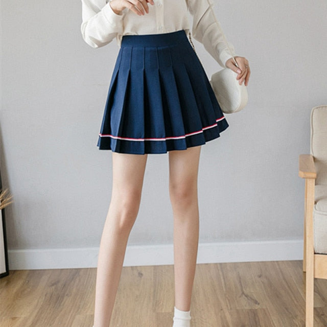 XS-XXL Spring Summer Autumn Women Skirts Student Girl Striped Pleated Waist Female Sweet Mini Dance Plaid Black White Pink Skirt