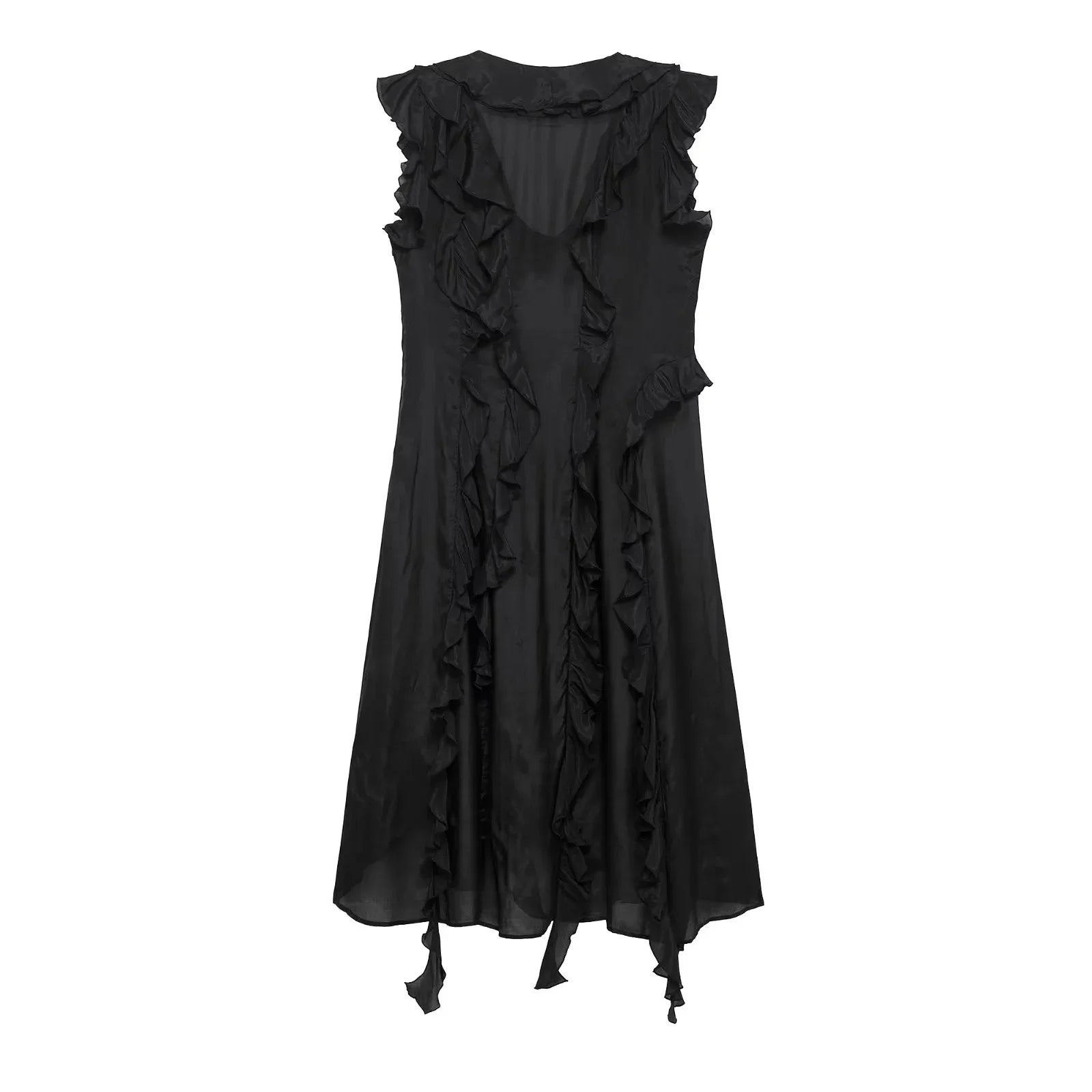 Summer Ruffles Midi Dress Women Elegant Sleeveless V-neck Solid Party Dresses Female 2025 Fashion Loose A-line Robes Vestidos