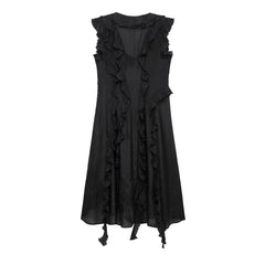 Summer Ruffles Midi Dress Women Elegant Sleeveless V-neck Solid Party Dresses Female 2025 Fashion Loose A-line Robes Vestidos