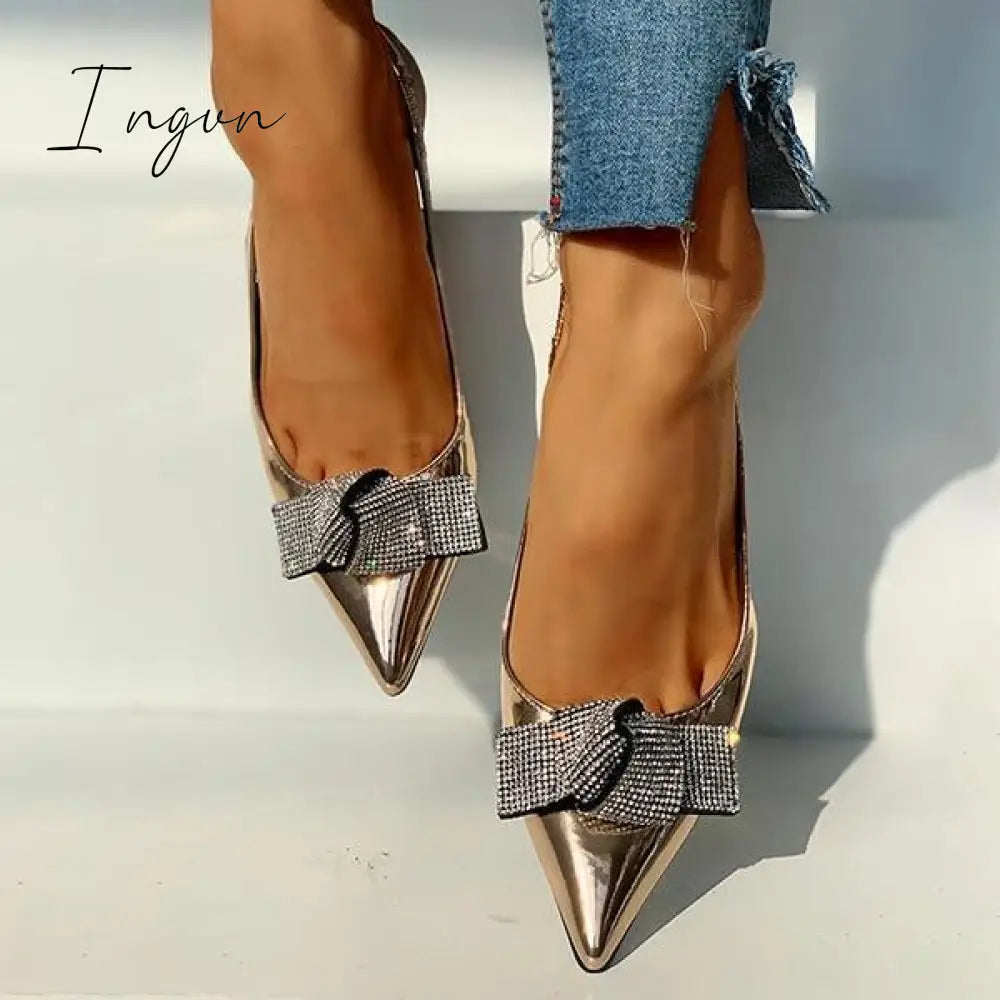 Ingvn - Pointed Toe Studded Bowknot Slingback Thin Heels
