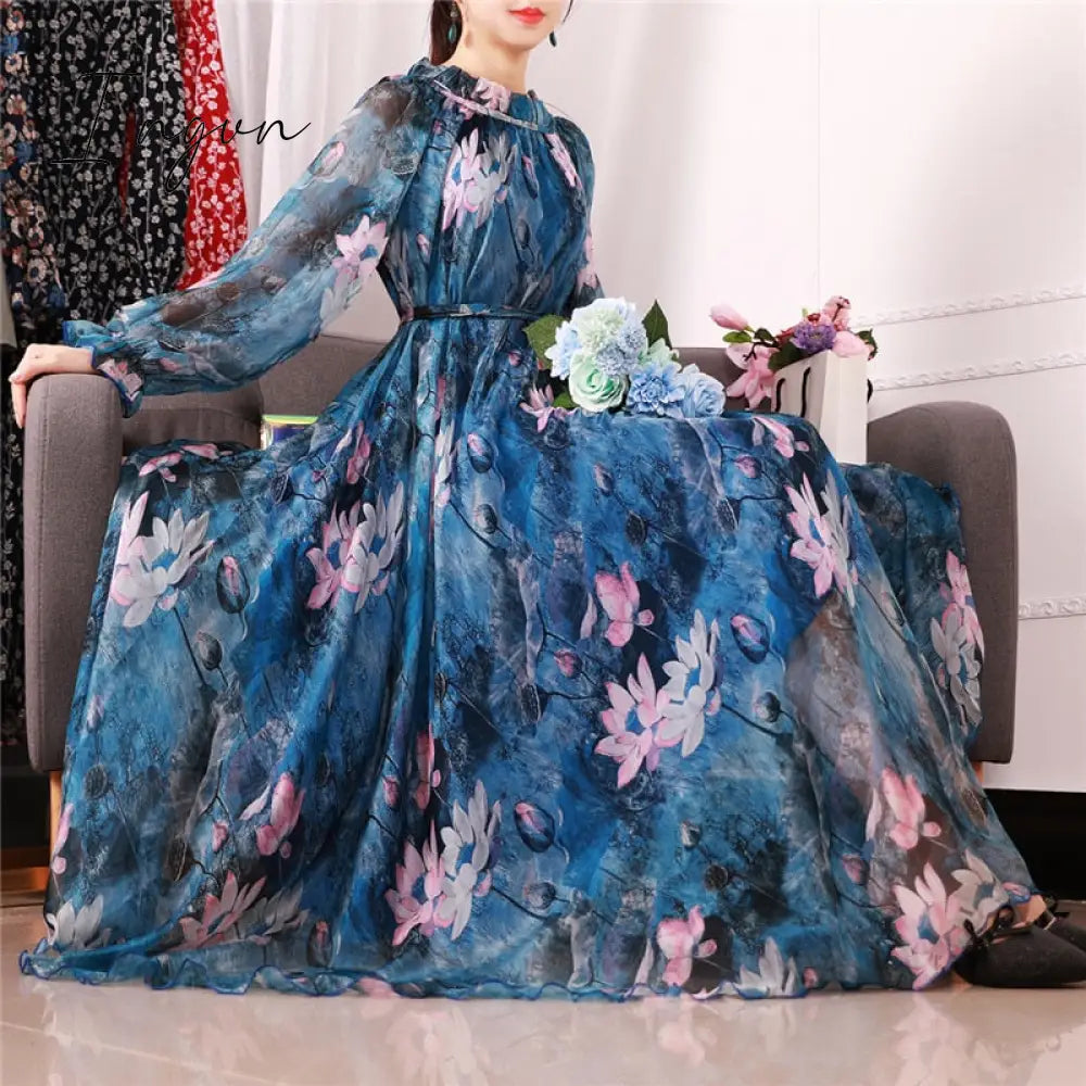 Ingvn - 2023 New Arrives Chiffon Long Sleeve Floral Print Dress Boho Plus Size Women Beach Party Garden Maxi Dress Elegant Vestidos Robe