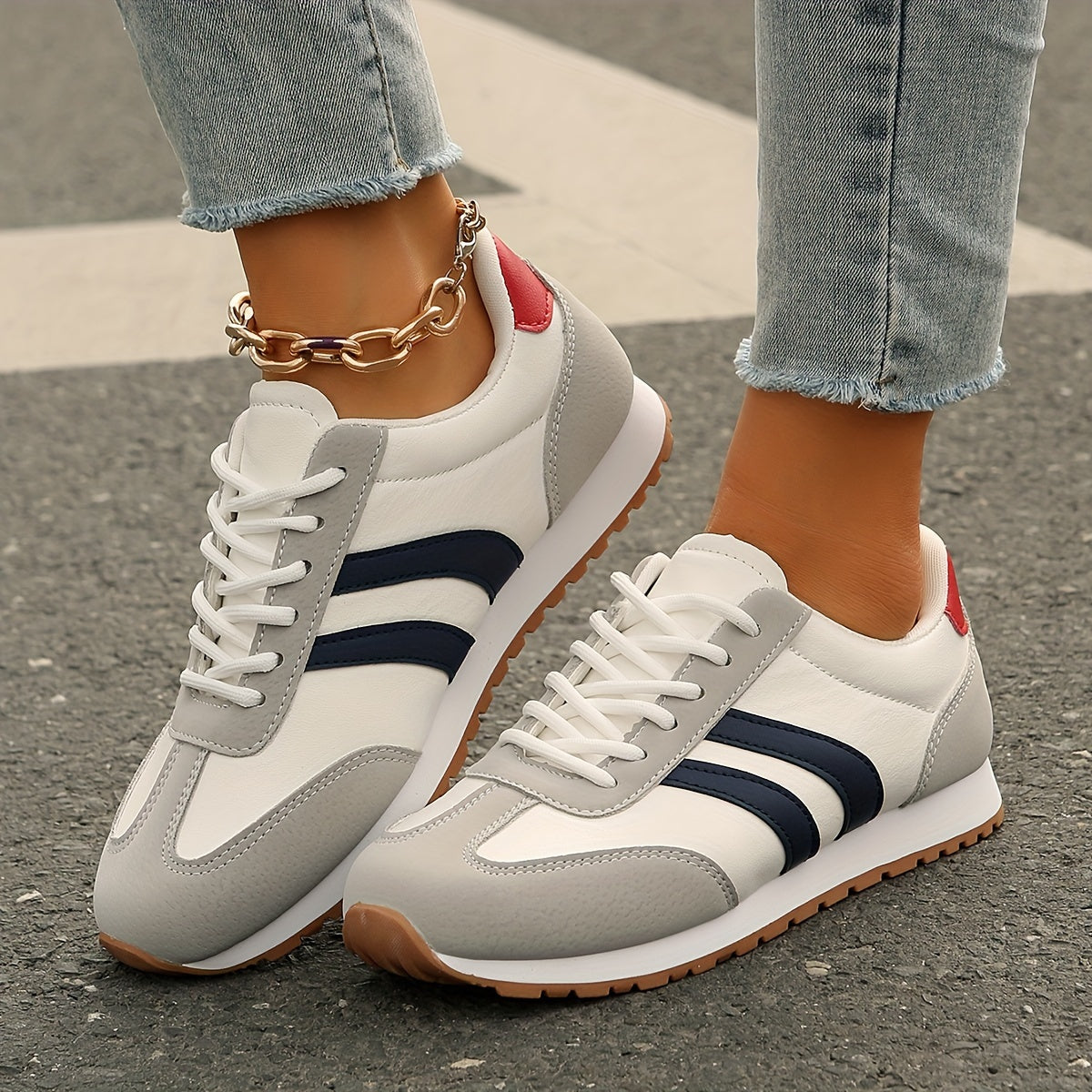 Women's Fashion Sneakers - Breathable & Lightweight, Lace-Up Casual Sneakers with Red & Blue Stripes, Comfortable Soft Sole